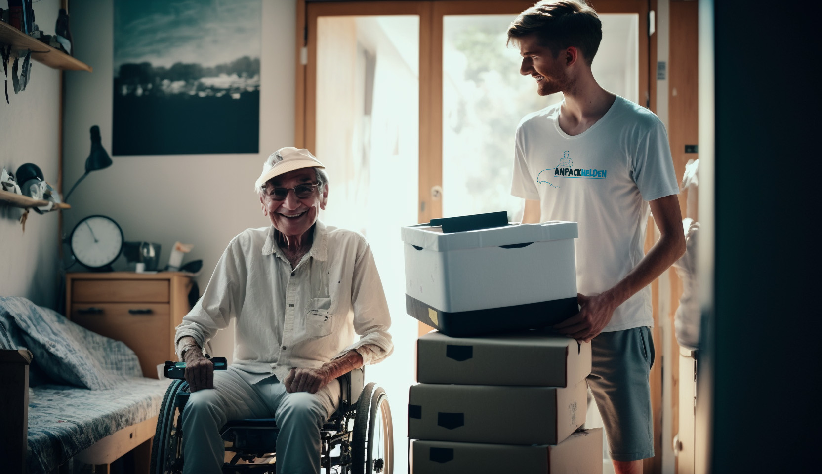 Anpackhelden Mitarbeiter hilft einem Senior beim Umzug
