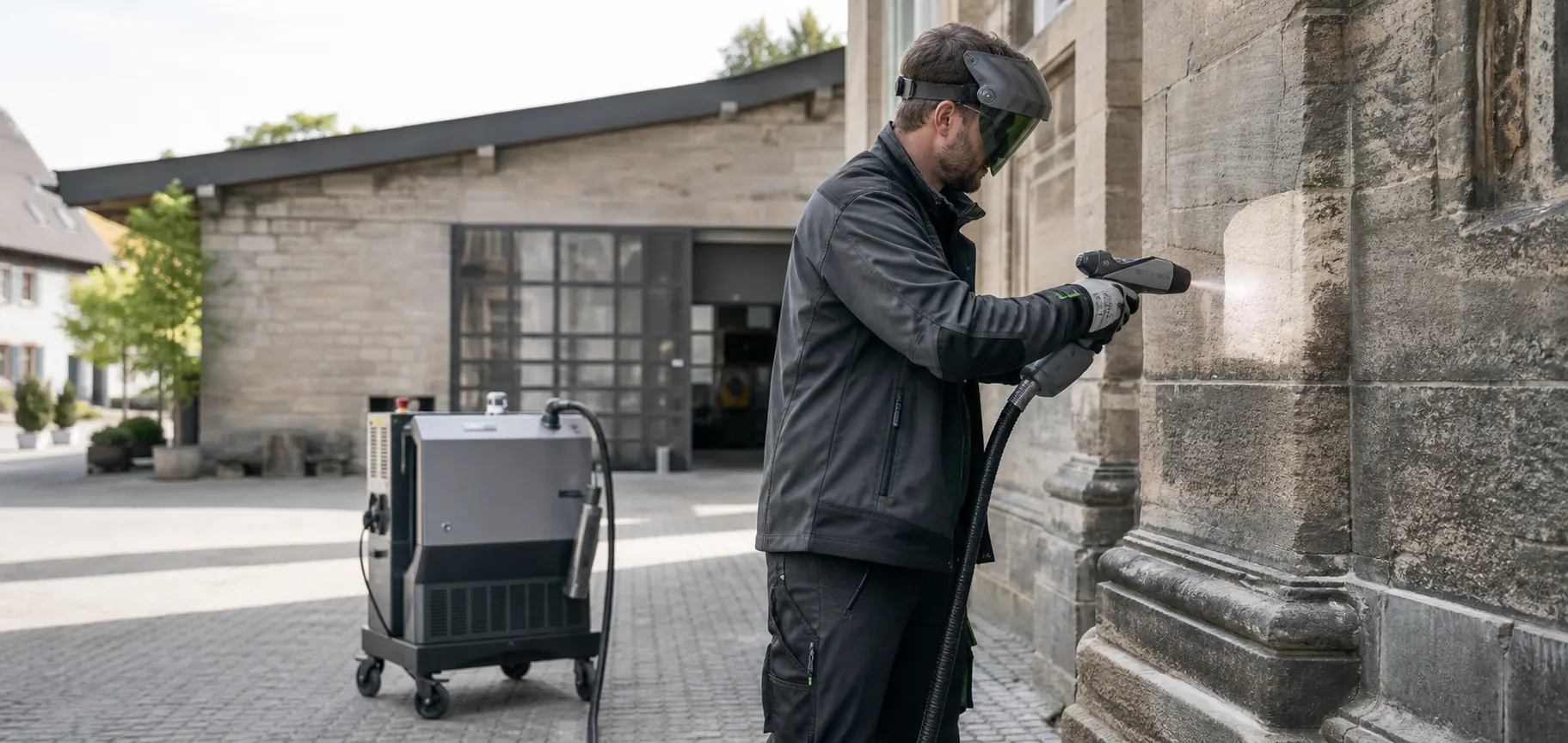 Techniker reinigt eine Steinoberfläche mit mobiler Laserreinigung